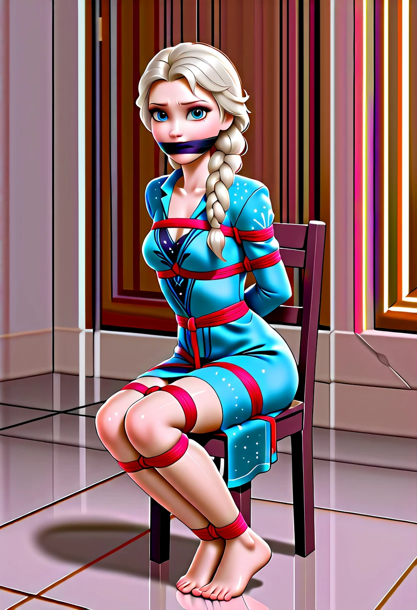 ((Full body photo, standing, on the floor)) Create a visually captivating photorealistic image of a model stylized like Elsa from Disney's "Frozen." The model has a (pale) e that . Her hair, styled into a braided hairstyle with neon highlights woven throughout, features a breathtaking combination of (icy blue) and (icy silver). She wears a charming blue dress, made of luminous silk fabric that shines with every movement. The skirt of the dress is transparent and fits well on the legs. She sits on a throne of stone and ice, tied up, inside a palace made of stone and ice. (Tied with jute rope:2), (tied with lots of rope, ankles tied, legs tied, breasts tied, crotch rope:1,5). Otm gag. The dress features a fitted bodice adorned with snowflake appliqués, creating a mesmerizing icy effect. The flowing skirt, made of layered icy tulle, billows like an icy breeze. Completing her look are neon-accented gloves that glow with an icy glow. Against a dark icy rocky castle backdrop, Elsa's neon ensemble illuminates the scene, capturing her majestic presence and the magical allure of her icy powers. With your camera, a high-resolution mirrorless camera combined with a prime lens, you will capture the model's enchanting beauty and the electrifying energy of her icy costume.
