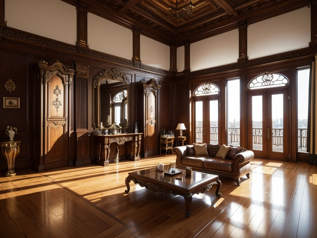 a detailed 3d interior room, intricate architectural details, ornate furniture, high ceilings, large windows, wooden floors, dramatic lighting, cinematic camera angle, photorealistic, ultra detailed, 8k, best quality, masterpiece