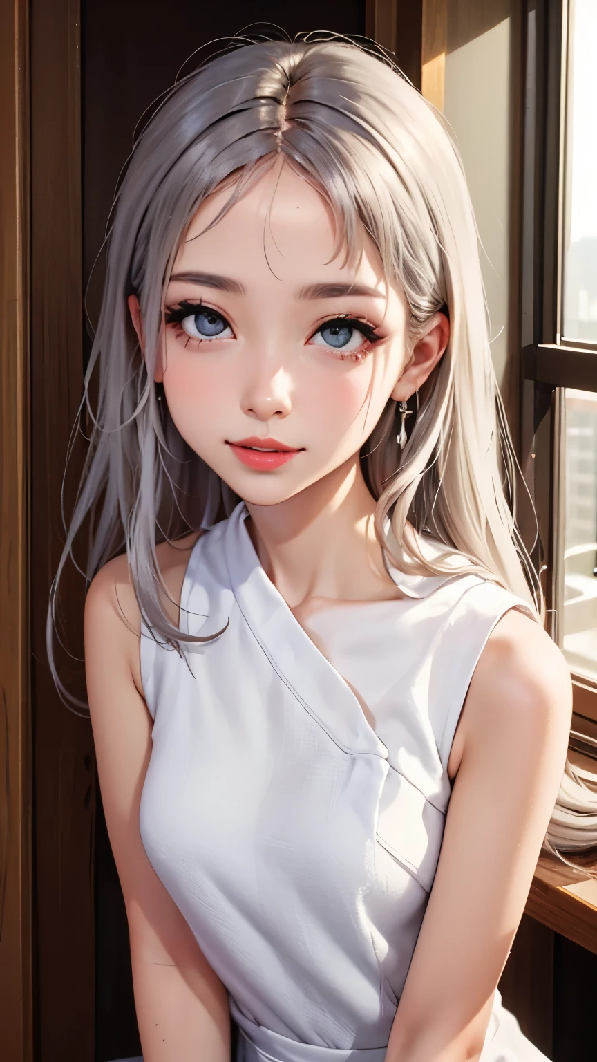 blush a little and smile, (Top quality masterpiece:1.2) Delicate illustrations, Very detailed, /Beautiful Japanese Women、1 person,Very cute and slim、Great style 、((8K images、super high quality))、Very delicate face, Skin and Hair、beautifule forehead、Red lipstick、(((((Mid-length hair、Silver Hair、lure))))),Very cute Japanese cut face、Eyes and nose are clearly visible、Kind eyes,((((Sleeveless fashion))))