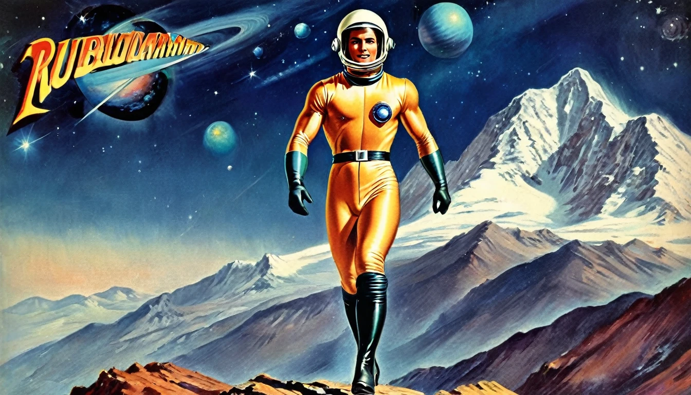 1950's illustration style, 1girl:  (a perfect hourglass figure blonde sexy-leotard gloves boots retro-helmet utility-belt) looking at a retro_rocket in the distance,  back: (a mountains, nebula, planets), extremely detailed, high quality, masterpiece   