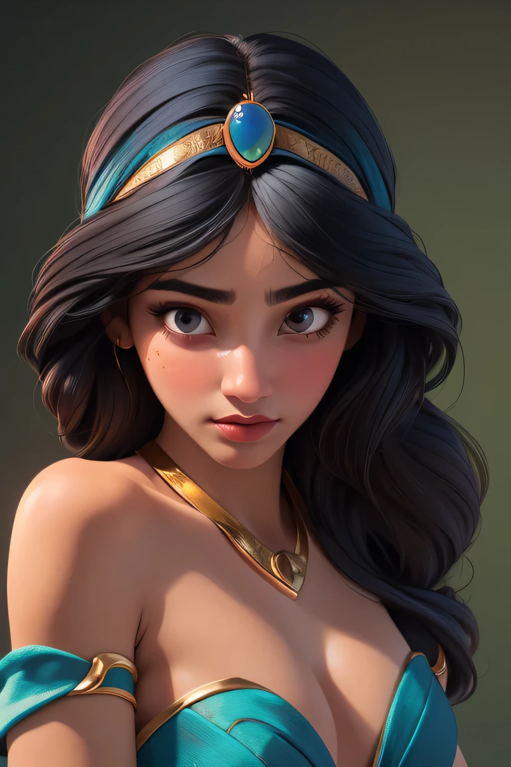 (masterpiece:1.3), (best quality:1.2), intricate details, (highly detailed skin:1.2), jasmine, (1girl:1.2), realistic, highres, beauty photo, tear drop , from above, cool mood, long hair , (black haircolor:1.3), Hourglass-Petite body shape, fill lighting, fcDetailPortrait, (tilted head:1.4), (sexy pose:1.3), persian background ,