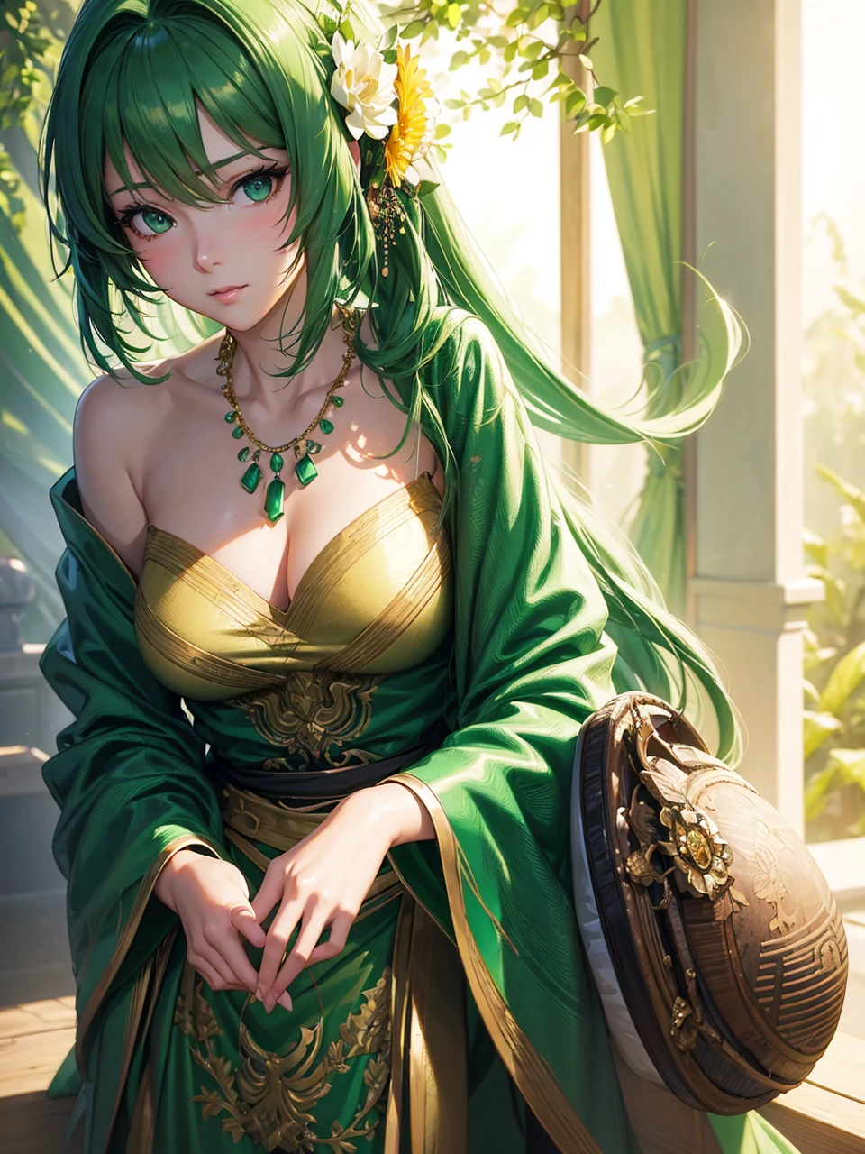 a close up of a woman with a green dress and a necklace, artwork in the style of guweiz, realistic anime 3 d style, beautiful anime portrait, anime realism style, detailed portrait of anime girl, beautiful character painting, by Yang J, stunning anime face portrait, realistic anime artstyle, portrait of an anime girl, beautiful anime style