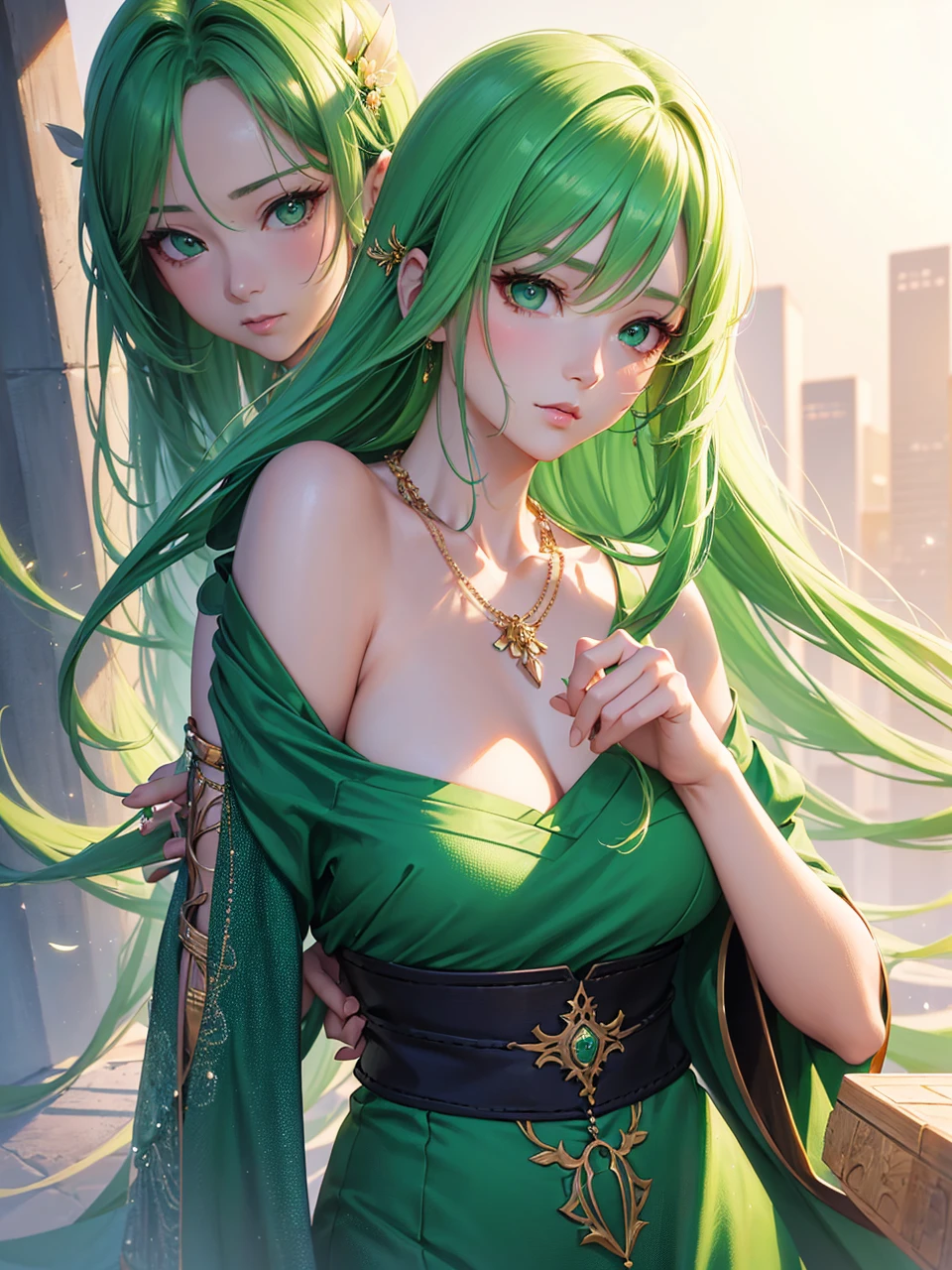 a close up of a woman with a green dress and a necklace, artwork in the style of guweiz, realistic anime 3 d style, beautiful anime portrait, anime realism style, detailed portrait of anime girl, beautiful character painting, by Yang J, stunning anime face portrait, realistic anime artstyle, portrait of an anime girl, beautiful anime style