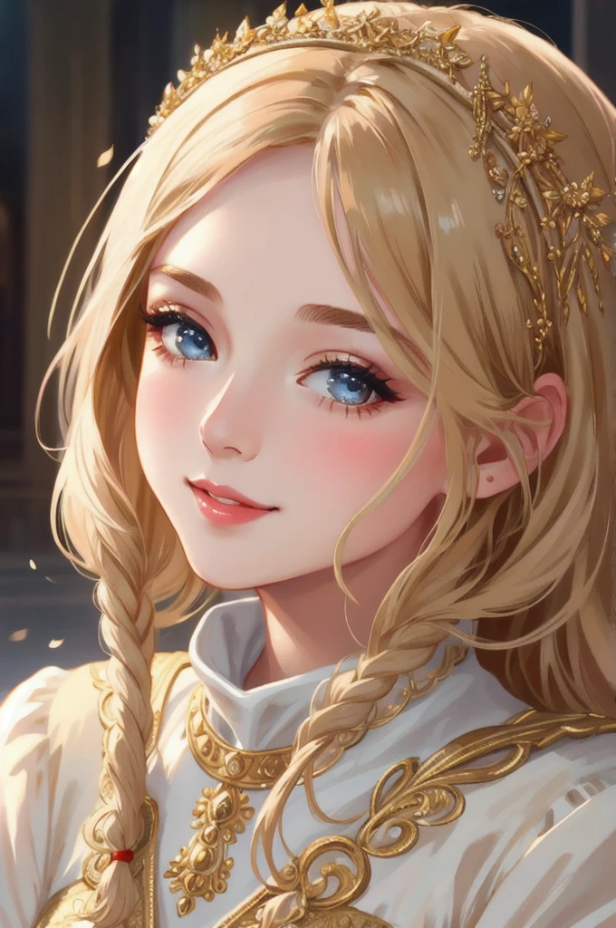 girl smiling at the camera, cinematic environment, beautiful detailed eyes, beautiful detailed lips, extremely detailed face, long eyelashes, elegant dress, intricate hairstyle, soft lighting, warm color tones, photorealistic, 8k, high quality, detailed artwork, realistic portrait