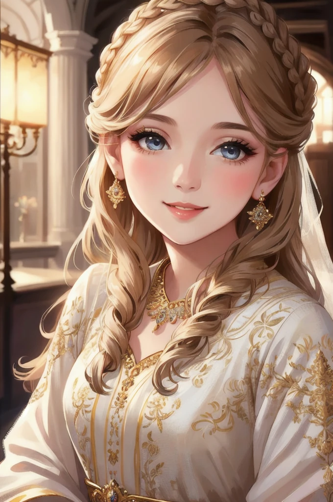 girl smiling at the camera, cinematic environment, beautiful detailed eyes, beautiful detailed lips, extremely detailed face, long eyelashes, elegant dress, intricate hairstyle, soft lighting, warm color tones, photorealistic, 8k, high quality, detailed artwork, realistic portrait