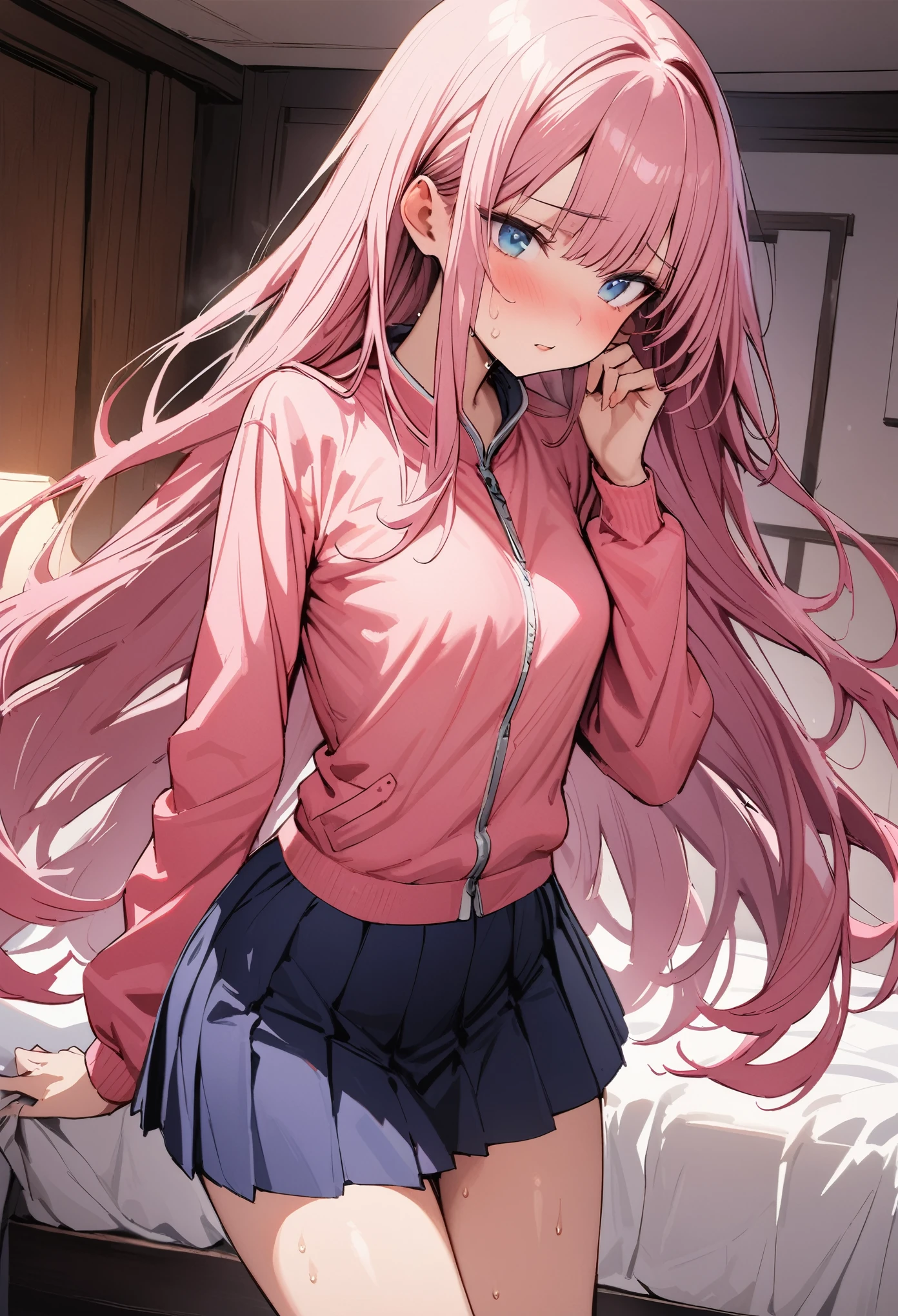 ((masterpiece,Highest quality:1.3,best quality illustration)),cowboy shot,独奏,1woman,(Mature Beauty),pink hair,straight long hair,bangs,light blue eyes,(gorgeous eyes),((very small head:1.3)),shy,((very long body:1.2,skinny)),small breasts,((Pink baseball jacket、Navy blue pleated mini skirt)),gleaming skin,oily skin,slender body,sweat,standing,Simple bed、Simple hotel bedroom、nsfw,