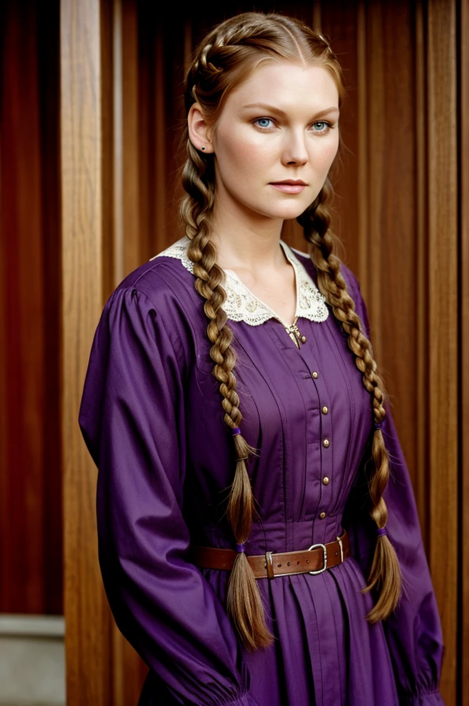 Actress Kristen dunst young with withe hair in braids with purple eyes and clothes color red and withe,the aestethic like Tudor period