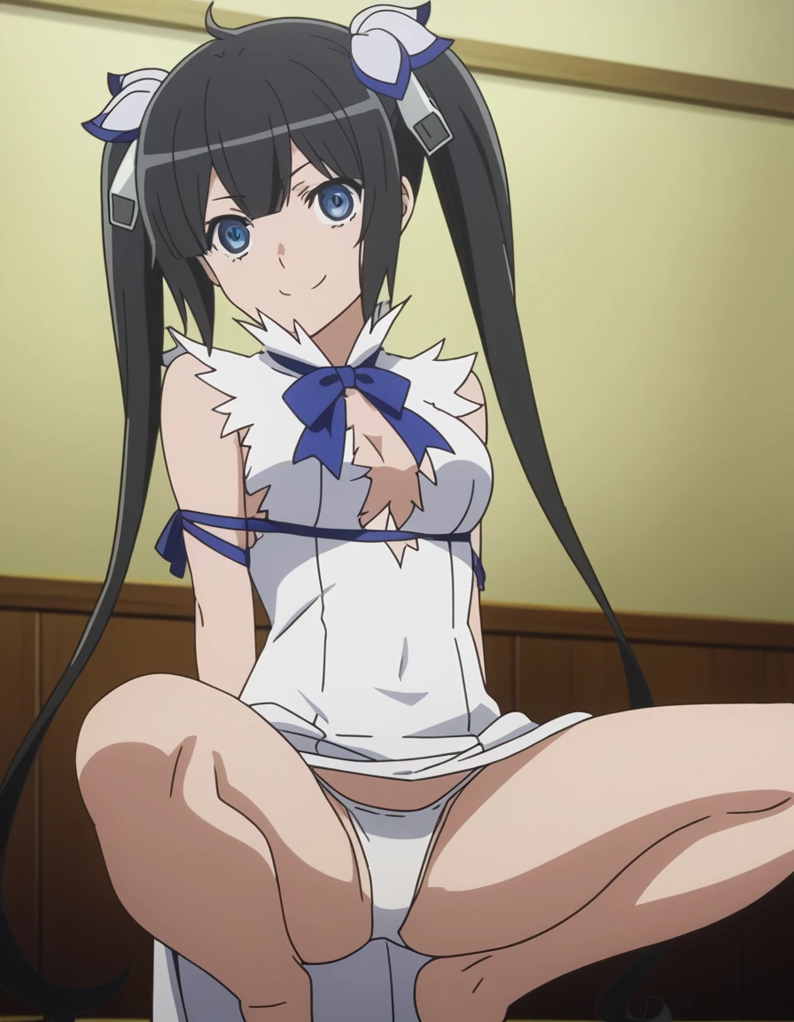 score_9, score_8_up, score_7_up, source anime,prefect lighting, very aesthetic, anime screencap, anime coloring, dungeon ni deai wo motomeru no wa machigatteiru darou ka, hestia, black hair, blue eyes, twin tails/long hair, hair ornament, white dress, center opening, blue ribbon, rei no himo, upper body, portrait, smile, looking at viewer, squatting, spread legs, white thong,