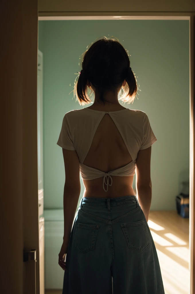 The back of a girl moving in search of a faint light