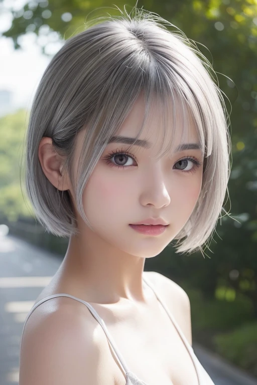 Japanese、Gray Hair、White skin、Transparency、beautiful girl、Nose Bridge、Transparency
、Thin lips 、Short Hair 、stare





