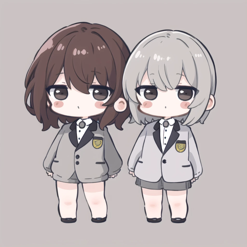 masterpiece, Highest quality, Very detailed,nozochibi, blush stickers, (chibi:1.4), simple background, full body, standing,((middle part)),short hair,brown hair,black eyes,white shirt,gray jacket,suit
