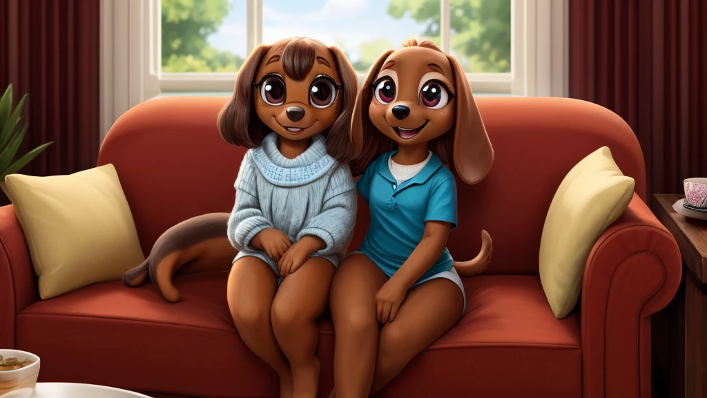 A red-brown miniature dachshund with big eyes named Lulu is sitting on the lap of her owner, Emily, on a sofa. Lulu looks happy and is smiling. The atmosphere is warm and homely.
