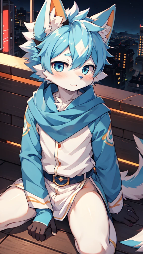 Blue hair,White的头发,Blue dragon tail,尾巴的末端有White的绒毛,hairy,God of Art Super Top Quality, Super detailed, High resolution, Anime cute art style, The best anime, 8k, Kona sauce wallpaper, Pixiv Contest Winners, Perfect anatomical structure, , (Energetic ager, 13 y), High resolution详细的头发,Iris and pupil are well proportioned,Blue pupils,Blue ears,Single,Light blue coat,White短裤,White,White高帮运动鞋,night,City,On top of the building,Neon lights