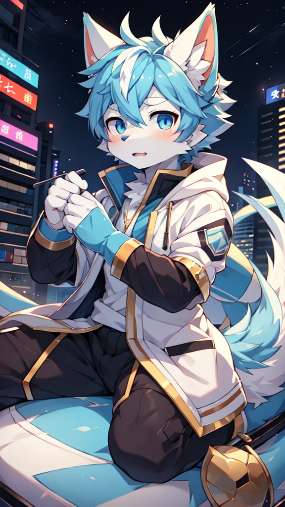 Blue hair，White的头发，Blue dragon tail，尾巴的末端有White的绒毛，hairy，God of Art Super Top Quality, Super detailed, High resolution, Anime cute art style, The best anime, 8k, Kona sauce wallpaper, Pixiv Contest Winners, Perfect anatomical structure, , (Energetic teenager, 13 years old:1.3), High resolution详细的头发，Iris and pupil are well proportioned，Blue pupils，Blue ears，Single，Light blue coat，White短裤，White，White高帮运动鞋，night，City，On top of the building，Neon lights