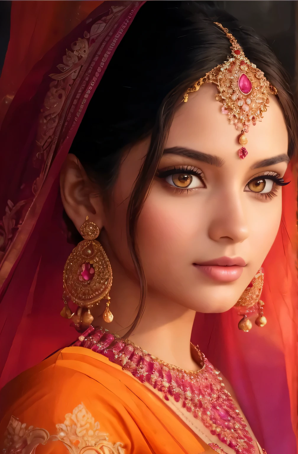 Generate a breathtaking painting of a young woman in a resplendent, intricately designed saree. She should have beautiful, expressive eyes that draw you in, a sharp and elegant nose, and luscious pink lips that add to her allure. Her skin should be fair and flawless, complemented by a subtle blush on her cheeks. She has striking orange eyes that captivate the viewer, and her brown hair cascades in a beautifully styled manner. Her figure should be slim and perfect, enhancing her overall grace and beauty. The hairstyle should be beautifully arranged to frame her face, making her look even more enchanting. The background should complement her beauty with an enchanting landscape or scene that enhances the overall elegance of the image. The colors and details should be rich and vibrant, creating a truly captivating work of art.