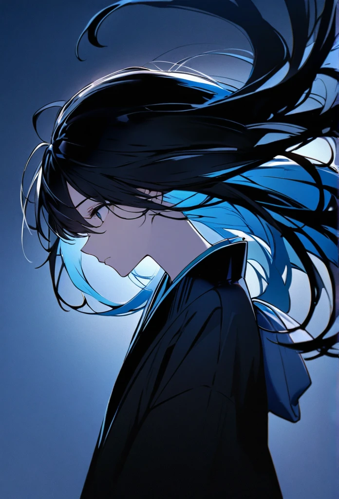 Japanese。male。Sharp black Eye。Very long black hair。profile。Plain blue kimono(Dressed in kimono)。A strong wind blows my hair back。Cover your eyes with hair。The background is blue light。Stand up straight。An illustration。picture。