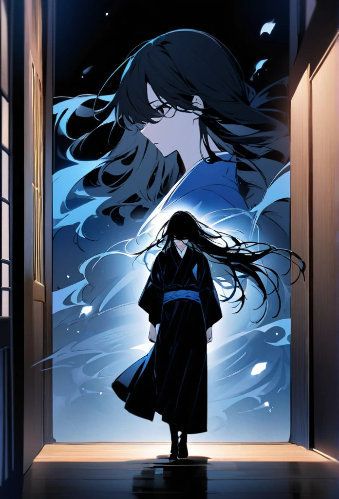 Japanese。male。Sharp black Eye。Very long black hair。profile。Plain blue kimono(Dressed in kimono)。A strong wind blows my hair back。Cover your eyes with hair。The background is blue light。Stand up straight。An illustration。picture。