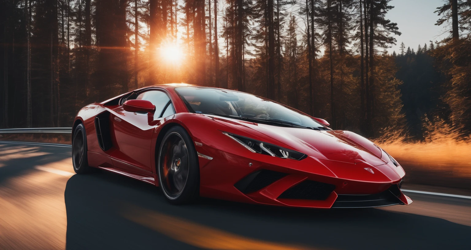 Sports car photos,A red sports car is on the right side of the screen,amazing,Drive on the highway,Showing speed and passion,Red photos,detail强化,blur background/Bokeh,Bright with natural light,Ray Tracing,Sunset sky,forest,Hill in the distance,Highly detailed environments,Low depth of field,HD,detail,8k,lens flare,Sunlight,