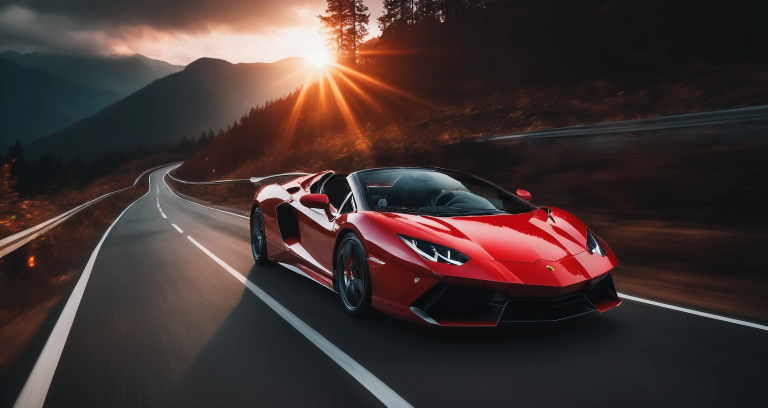 Sports car photos,A red sports car is on the right side of the screen,amazing,Drive on the highway,Showing speed and passion,Red photos,detail强化,blur background/Bokeh,Bright with natural light,Ray Tracing,Sunset sky,forest,Hill in the distance,Highly detailed environments,Low depth of field,HD,detail,8k,lens flare,Sunlight,