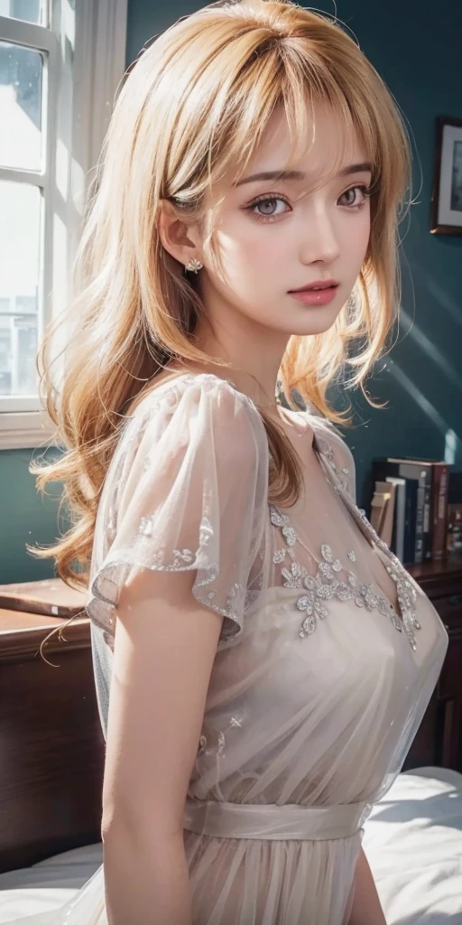 (best quality, highres), portrait, elegant type adult woman, brown eyes, long hair, swept-side bang, transparent dress, see through dress, 4k resolution, high quality, beautiful