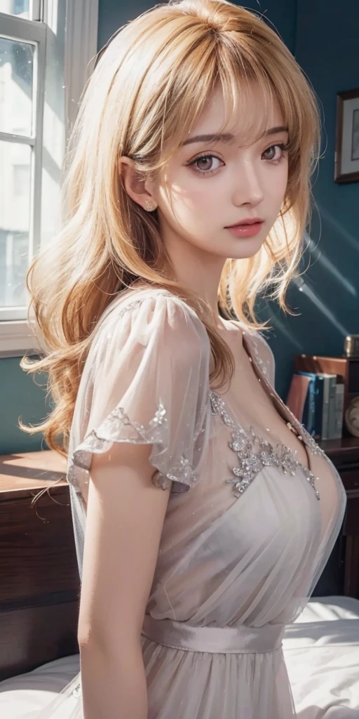 (best quality, highres), portrait, elegant type adult woman, brown eyes, long hair, swept-side bang, transparent dress, see through dress, 4k resolution, high quality, beautiful