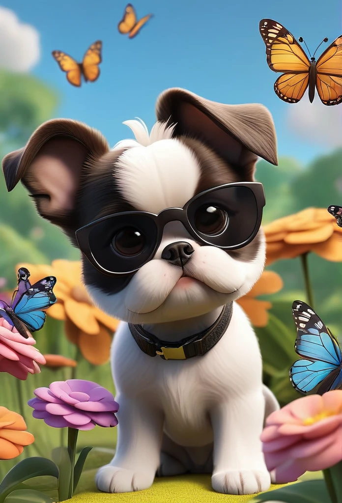 Adorable small tan boston Terrior puppy playing with black shih tzu puppies wearing sunglasses playing at park erflies and flowers in background 3D Pixar style