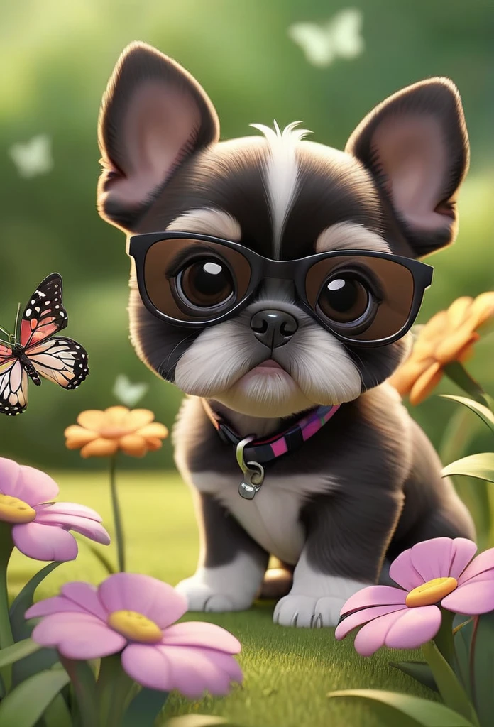 Adorable small tan boston Terrior puppy playing with black shih tzu puppies wearing sunglasses playing at park butterflies and flowers in background 3D Pixar style
