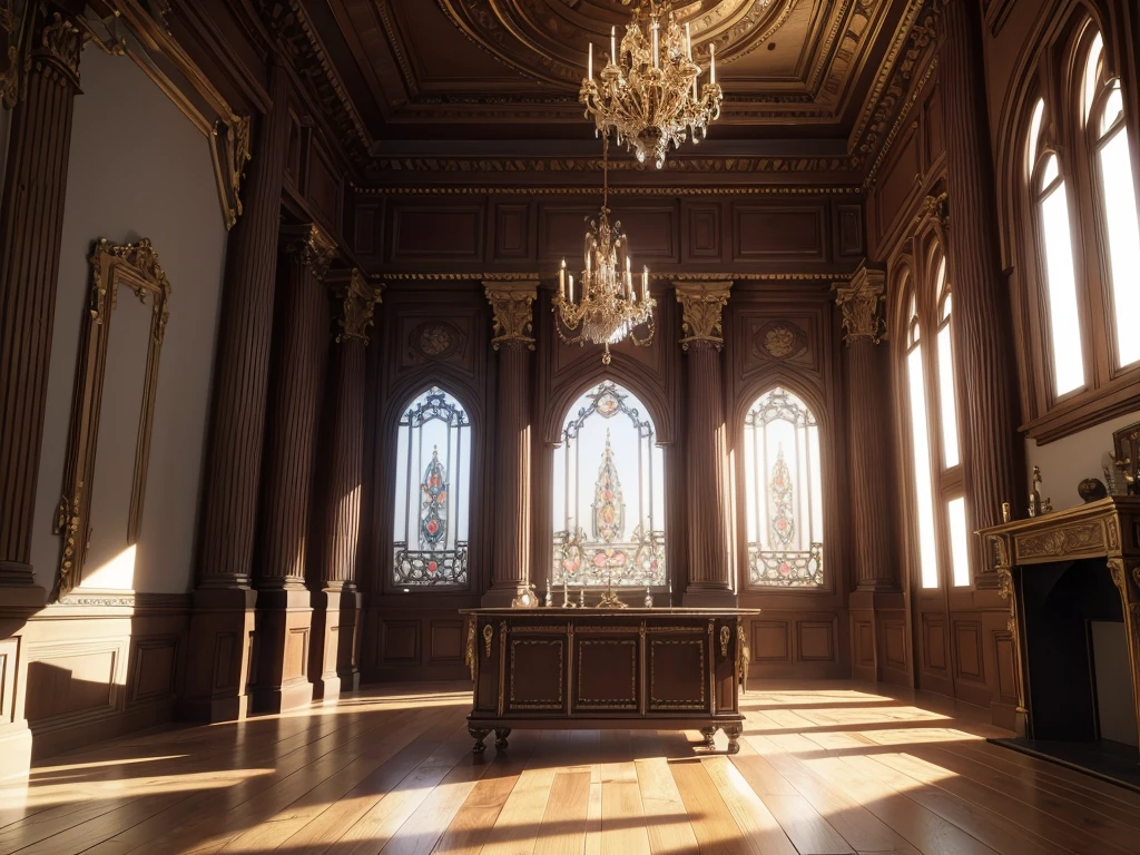 a detailed 3d interior room, intricate architectural details, ornate furniture, high ceilings, large windows, wooden floors, dramatic lighting, cinematic camera angle, photorealistic, ultra detailed, 8k, best quality, masterpiece