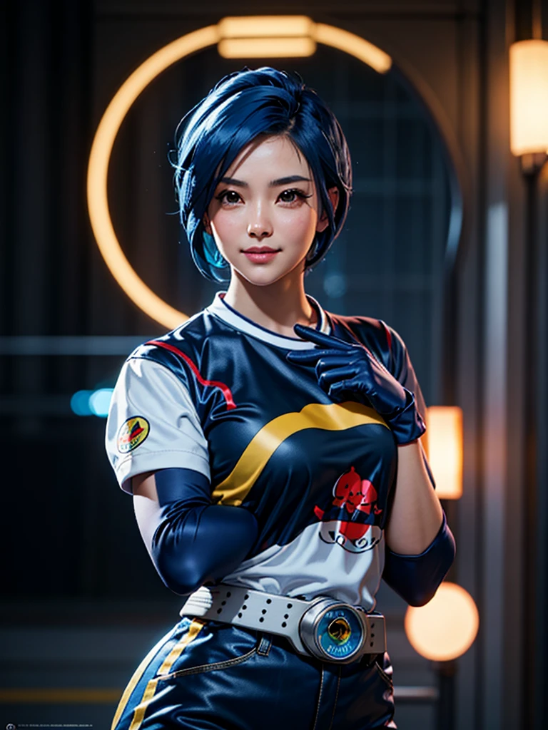 (at night), in a video game scene, a background of a beautiful city during the day raining, standing at attention, semi-short blue hair, blouse with an anime frog face, white flared pants, wearing blue fingerless exercise gloves, has round goggles on her head, huge belt with a round eyeglass, ((blue hair)), 1 girl, alone, 20 years old, young woman, perfect hands, beautiful fingers, beautiful long legs, beautiful body, beautiful nose, beautiful design of characters, perfect face, looking at the viewer with serious gesture (focusing on his face), closed mouth, Light_Smile, official art, extremely detailed CG unity 8k wallpaper, perfect lighting, bright and colorful front lighting, glowing skin (masterpiece : 1.0), (best_quality: 1.0), ultra high resolution, 4K, ultra detailed photography, 8K, HDR, high resolution, nonsense:1.2, Kodak portra 400, film grain, background blur, bokeh:1.2, lens flare, (vibrant_color:1.2), professional photography, (beautiful_face: 1.5), (narrow waist),