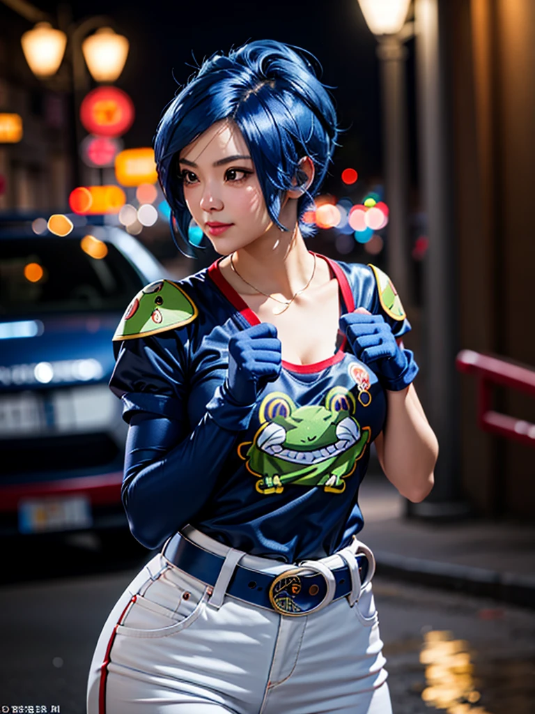 (at night), in a video game scene, a background of a beautiful city during the day raining, standing at attention, semi-short blue hair, blouse with an anime frog face, white flared pants, wearing blue fingerless exercise gloves, has round goggles on her head, huge belt with a round eyeglass, ((blue hair)), 1 girl, alone, 20 years old, young woman, perfect hands, beautiful fingers, beautiful long legs, beautiful body, beautiful nose, beautiful design of characters, perfect face, looking at the viewer with serious gesture (focusing on his face), closed mouth, Light_Smile, official art, extremely detailed CG unity 8k wallpaper, perfect lighting, bright and colorful front lighting, glowing skin (masterpiece : 1.0), (best_quality: 1.0), ultra high resolution, 4K, ultra detailed photography, 8K, HDR, high resolution, nonsense:1.2, Kodak portra 400, film grain, background blur, bokeh:1.2, lens flare, (vibrant_color:1.2), professional photography, (beautiful_face: 1.5), (narrow waist),
