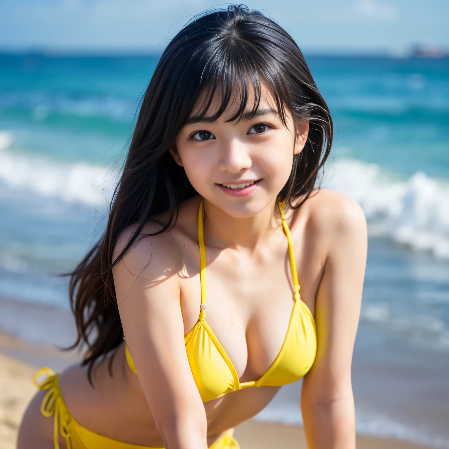 ((Best-quality, Masterpiece, Ultra-High-Resolution, (Photorealistic:1.7), Raw Photo, depth of field, professional lighting)), on beautiful-beach, 1girl, 12-years-old, the most famous Japanese idol, looking at viewer, ((innocent smile)), ((leaning forward, dynamic-pose)), ((wearing only light-yellow bikini with cute-design)), (extremely cute and extremely childish face, ((extremely cute and extremely big black-round-eyes)), extremely cute black-long-hair, ((extremely beautiful and extremely realistic skins)), extremely cute long-eyelashes, extremely cute lips, (extremely childish body))