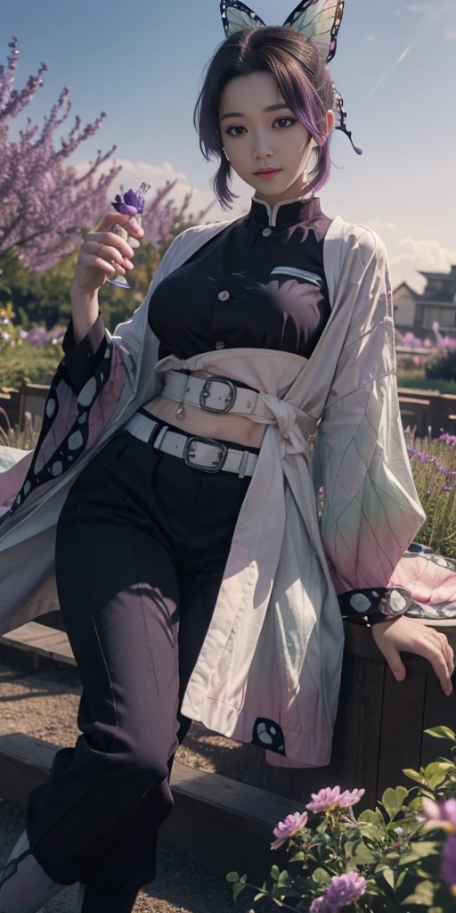 Ultra-realistic 8k CG,masterpiece,((ultra-detailed background, delicate pattern, intricate details)),best quality,very detailed face,extremely detailed eyes and face,extremely detailed eyes,kochou shinobu,multicolored hair,no bangs,hair intakes,purple eyes,forehead,black shirt,black pants,,butterfly,buttons,belt,(Garden:1.2),purple flower,chibi,cloudy sky,sunlight,Tindal effect,gradient_sky,face,Gorgeous sky,Waist Sabre,Charming posture,huge breasts