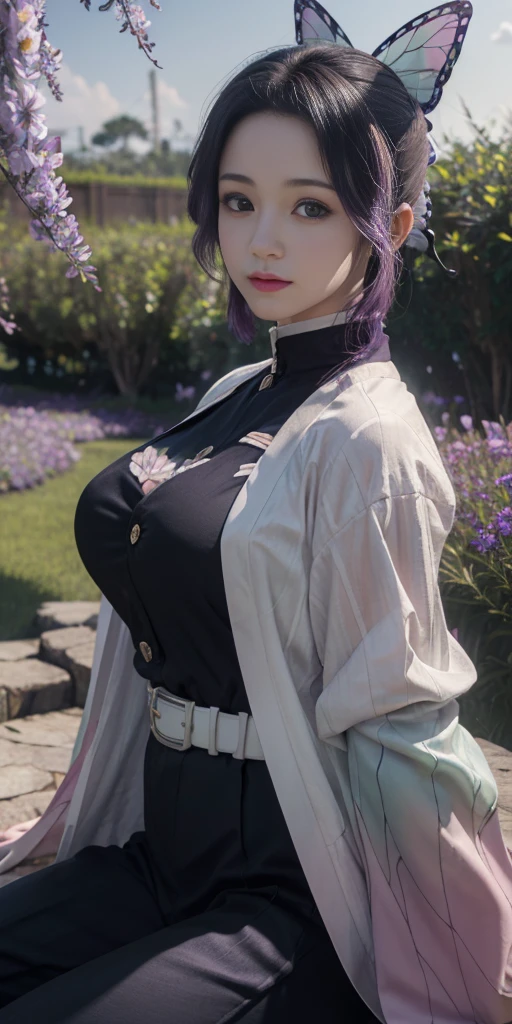 Ultra-realistic 8k CG,masterpiece,((ultra-detailed background, delicate pattern, intricate details)),best quality,very detailed face,extremely detailed eyes and face,extremely detailed eyes,kochou shinobu,multicolored hair,no bangs,hair intakes,purple eyes,forehead,black shirt,black pants,,butterfly,buttons,belt,(Garden:1.2),purple flower,chibi,cloudy sky,sunlight,Tindal effect,gradient_sky,face,Gorgeous sky,Waist Sabre,Charming posture,huge breasts