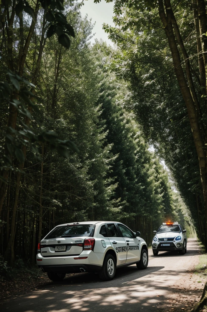 man sneaking through the trees and a patrol car with siren