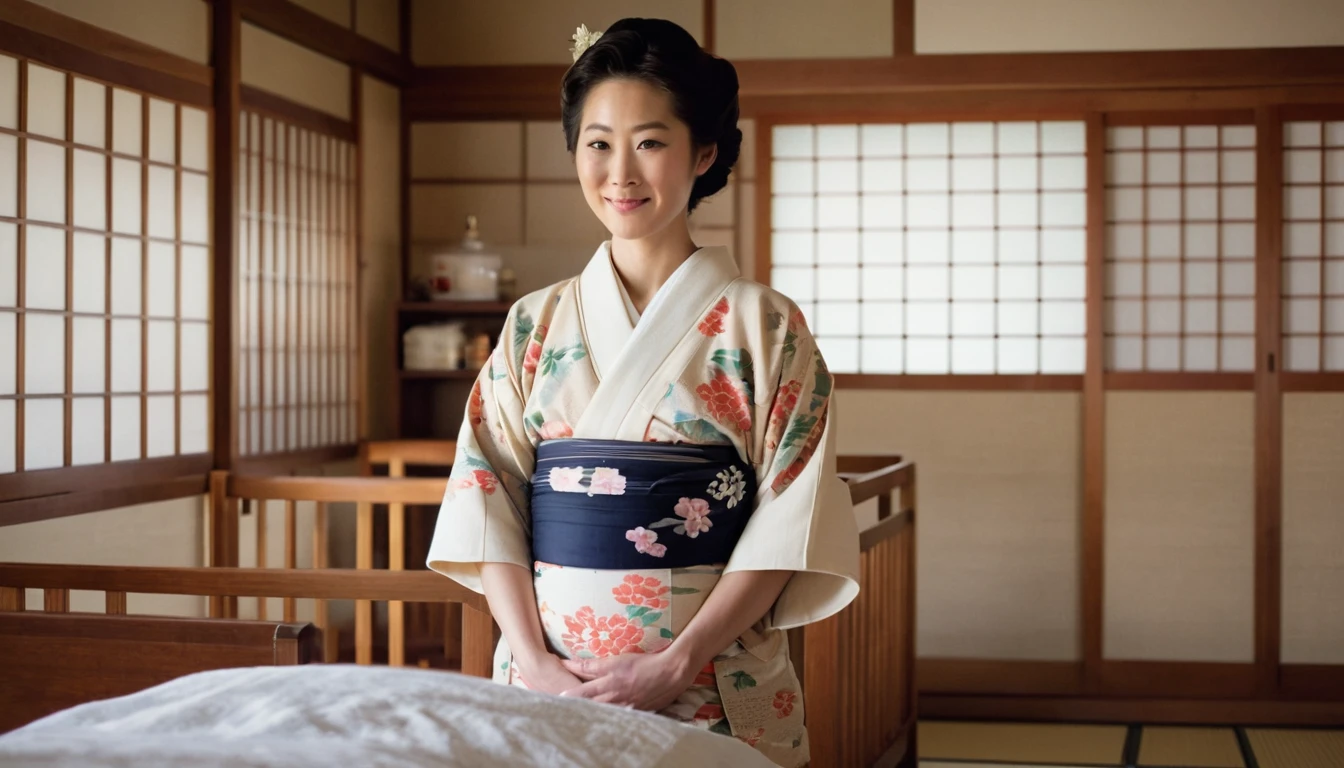 A young Japanese midwife named Miyuki stands confidently in a bustling maternity ward of a 1940s hospital. Her traditional kimono is subtly blended with elements of vintage Western medical attire, showcasing cultural fusion. The room is filled with warm, diffused light, highlighting her gentle smile as she lovingly cradles a newborn. Behind her, a soft-focus background reveals intricate wooden architecture, characteristic of traditional Japanese design, interspersed with period-specific hospital equipment. The scene embodies hope and compassion, evoking a nostalgic atmosphere reminiscent of classic Japanese watercolor paintings combined with the realism of old photographic portraiture.