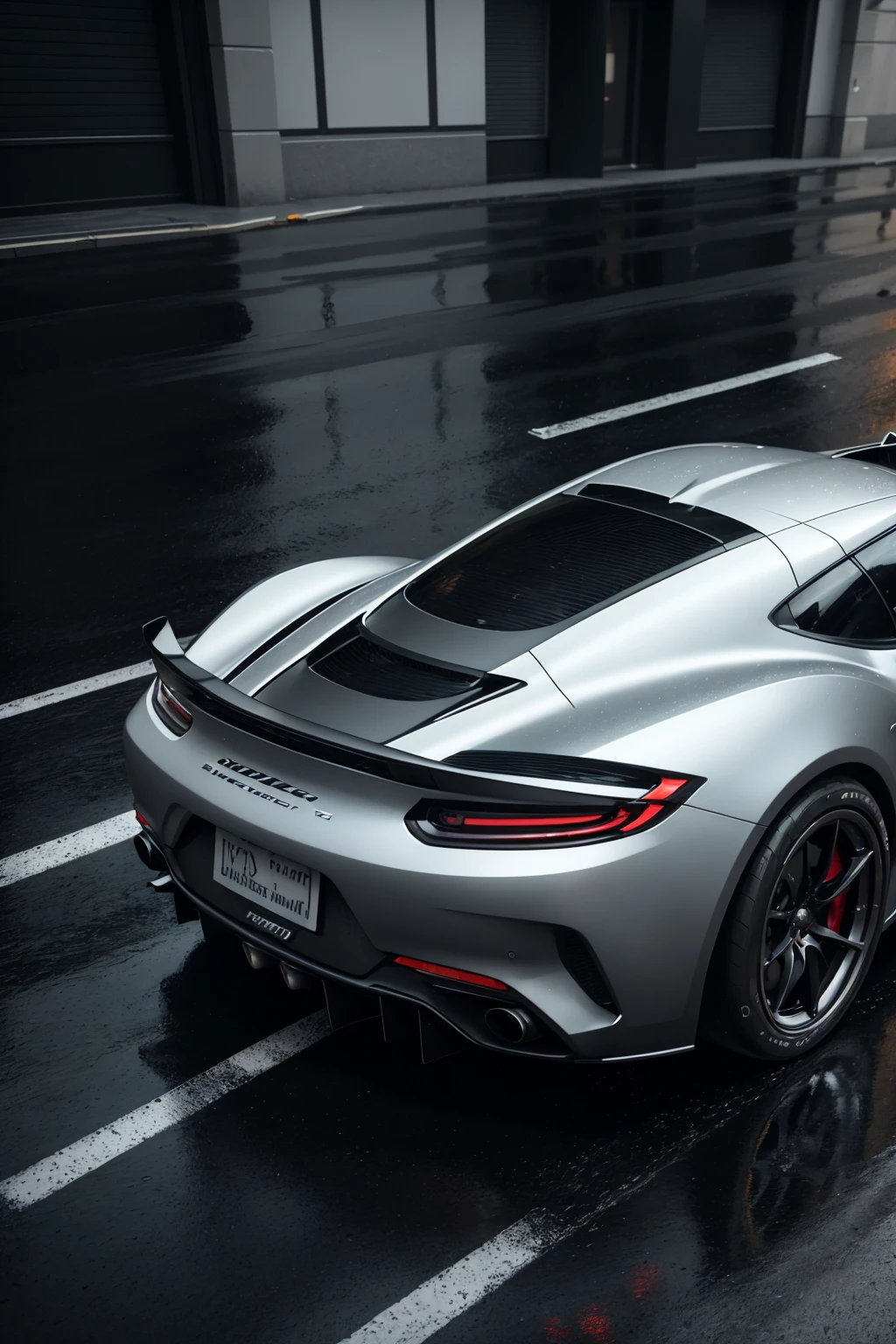 a close up of silver and black sports car parked on a wet street, sports car, sport car, hyper real render, 8k octane 3d render, extreme render, sportcar, daniel maidman octane rendering, realistic paint job, vray octane, hyper detailed 3d render, hyper detailed 3 d render, 8 k cg render, 3 d hyper realistic render