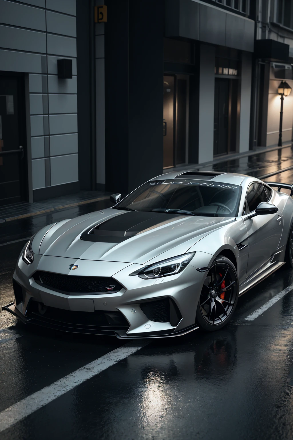 a close up of silver and black sports car parked on a wet street, sports car, sport car, hyper real render, 8k octane 3d render, extreme render, sportcar, daniel maidman octane rendering, realistic paint job, vray octane, hyper detailed 3d render, hyper detailed 3 d render, 8 k cg render, 3 d hyper realistic render
