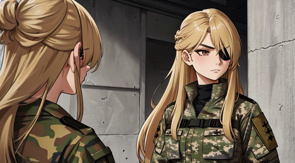 a woman with long blond hair and brown eyes is wearing camouflage military clothing and wears a black triangular-shaped eye patch over her right eye