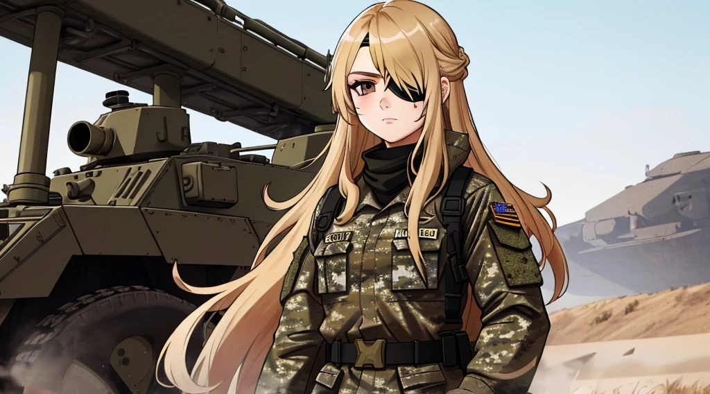 a woman with long blond hair and brown eyes is wearing camouflage military clothing and wears a black triangular-shaped eye patch over her right eye