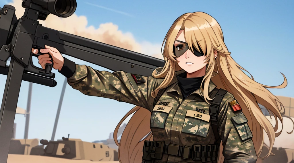 a woman with long blond hair and brown eyes is wearing camouflage military clothing and wears a black triangular-shaped eye patch over her right eye