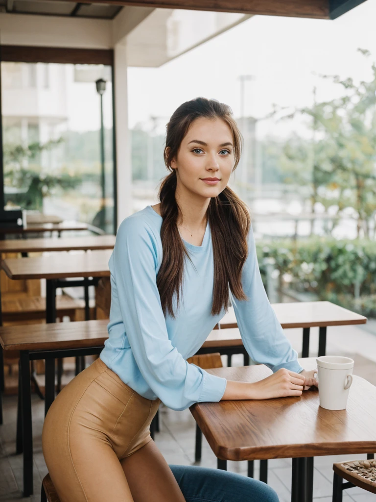 her name is Olivia, high quality, 1girl, ((27-year-old fit Caucasian woman)), ((27 years old)), ((BODY TYPE: HOURGLASS)), ((Ponytail HAIR)), ((EYE COLOR: Light blue)) pose: SITTING and ARMS CROSSED, wearing Casual Shirt and Short Generation-Z modern wear VARIETY colored, BACKGROUND: " Indoor: A small cafe with warm lighting, wooden tables, and the smell of freshly brewed coffee."