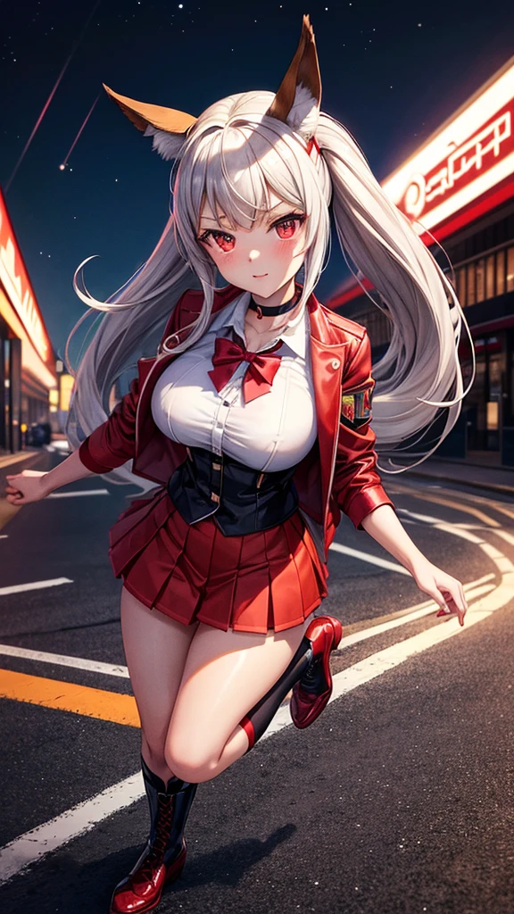 masterpiece, Best Quality,, maruzensky (Uma Musume),, red thighs, Red jacket, pleated skirt, Red skirt, choker, open jacket, white bow, open clothing, high heel boots, paved road, run, eye traces, night sky, neon, from above,, voluptuous girl in sexy clothes with only her skirt on