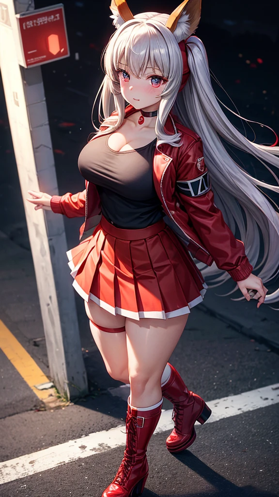 masterpiece, Best Quality,, maruzensky (Uma Musume),, red thighs, Red jacket, pleated skirt, Red skirt,  choker, open jacket, white bow, open clothing, high heel boots, paved road, run, eye traces, night sky, neon, from above,, voluptuous girl in sexy clothes with only her skirt on 