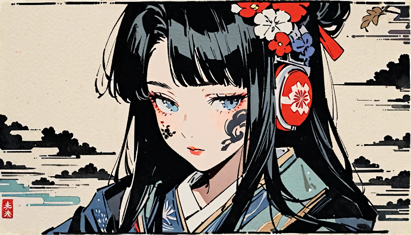 Ink Painting, (((1 girl))), (((Tattoo on face))), (((Gorgeous hair accessories))), Japanese style headphones, face close-up, Beautiful woman wearing Japanese kimono, Black Hair, Delicate and precise, Modern ukiyo-e style