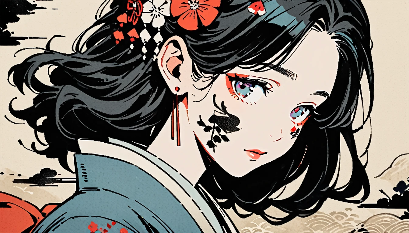 Ink Painting, (((1 girl))), (((Tattoo on face))), (((Gorgeous hair accessories))), Japanese style headphones, face close-up, Beautiful woman wearing Japanese kimono, Black Hair, Delicate and precise, Modern ukiyo-e style