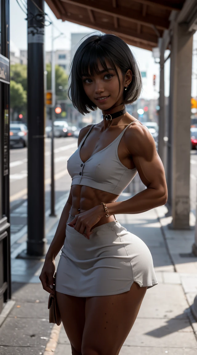 (Muscular:2.3), (thick thighs:2.2),
(asian female:1.5), (blunt bangs:1.3), (long black hair:1.4), (adult), beauty mark, (tan skin, dark skin:2),
glasses, earrings, eyeshadow, lipstick, red lips,
detailed eyes, (big smile:1.5),
(hard nipples:1.3), (small perky breasts:1.5),
(choker, gray sundress, v-neck, midriff:1.8), ab window, stomach opening,
(upper body view:1.3), (looking at viewer:1.3), (three quarter view:1.4), standing,
outside at the park, rim lighting, two tone lighting, dimly lit