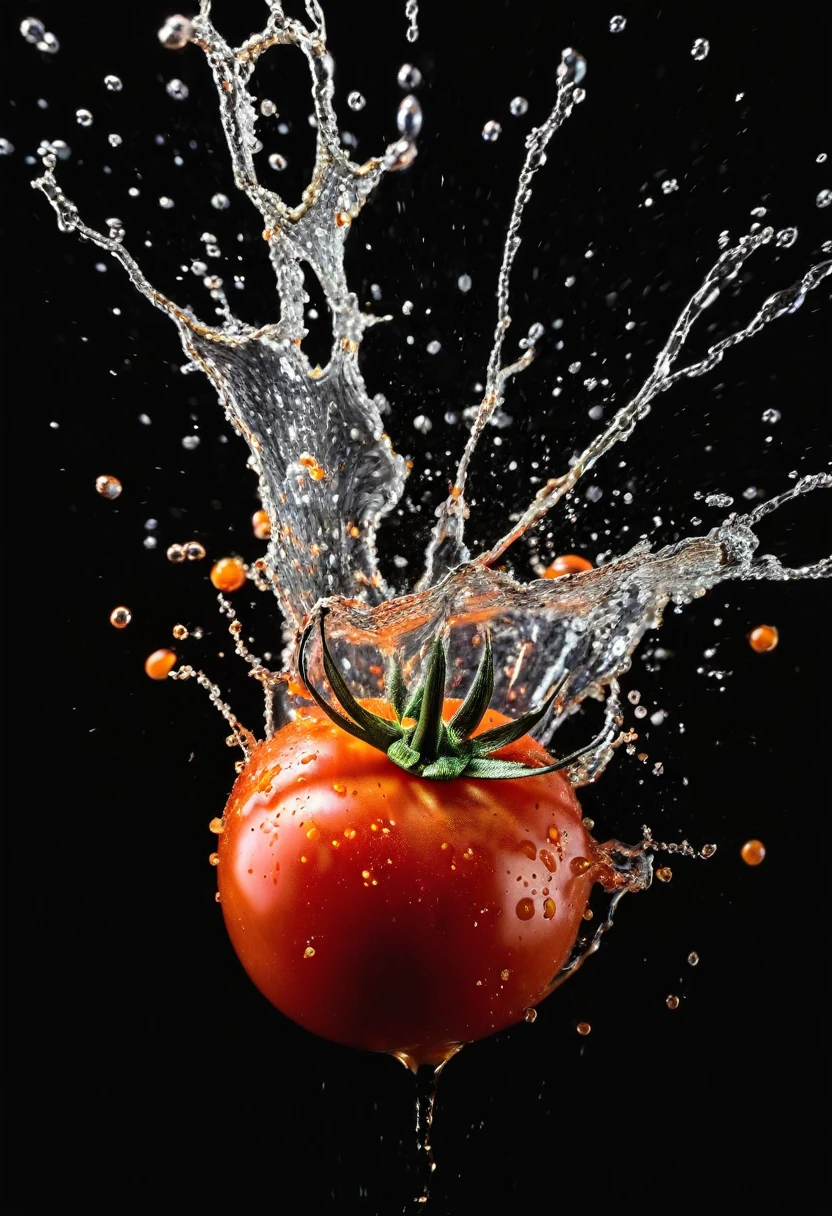 A rifle bullet hits a wet fresh tomato、Footage of the moment a tomato explodes and splashes、Ultra-high-speed photography、Black background、