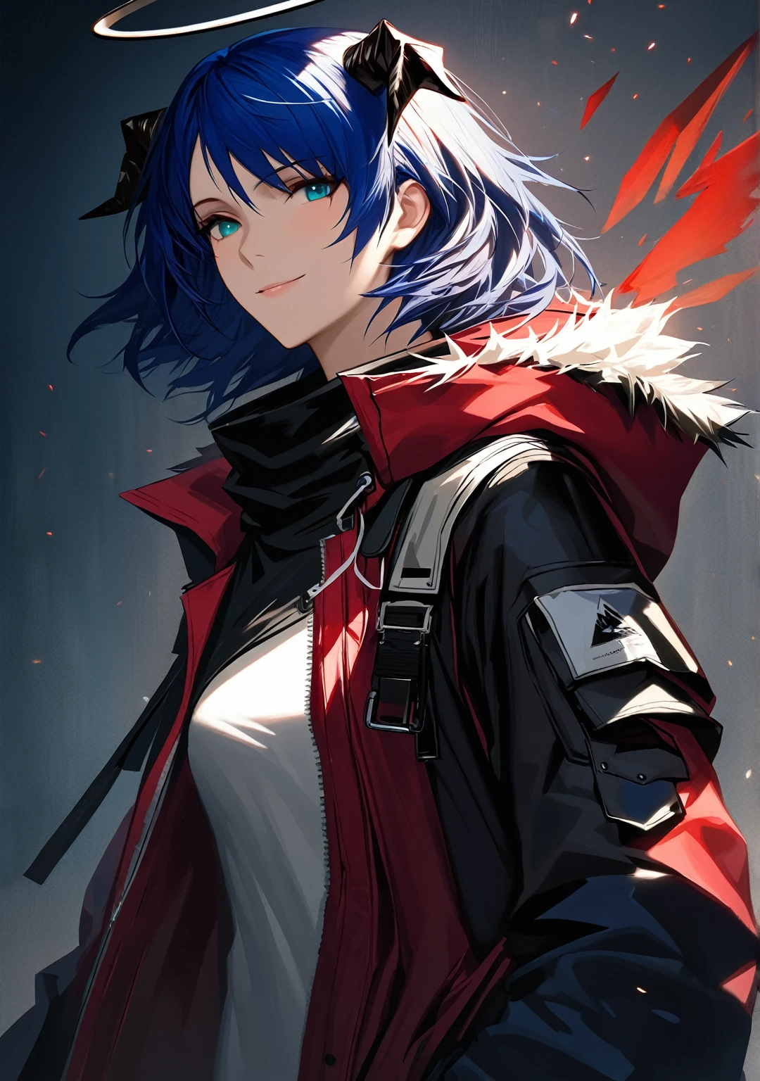 (woman), ((Mostima from arknights)), masterpiece, best quality, blue hair, ((short hair)), horns, plain white shirt, red fullbody coat, red hood, dark blue eyes, realistic anime style, smiling, ((portrait)), black gloves, carring a bag, halo.