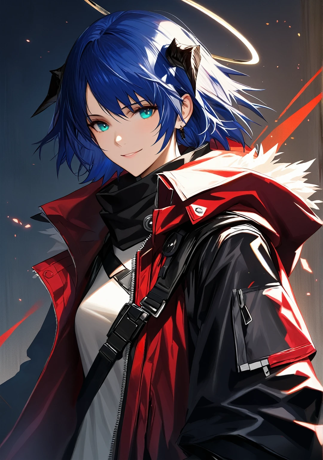 (woman), ((Mostima from arknights)), masterpiece, best quality, blue hair, ((short hair)), horns, plain white shirt, red fullbody coat, red hood, dark blue eyes, realistic anime style, smiling, ((portrait)), black gloves, carring a bag, halo.
