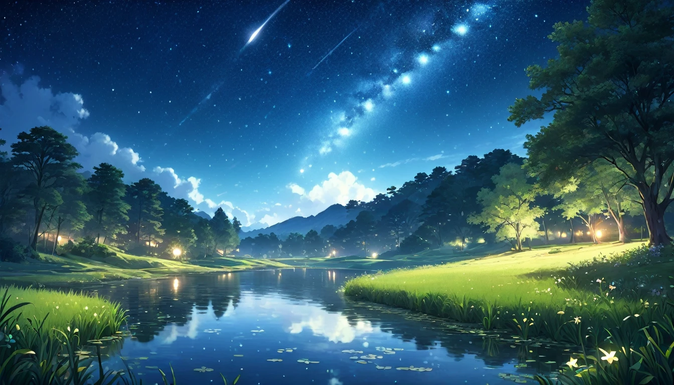 A beautiful night landscape, lush green meadow by a serene pond, anime style, detailed foliage, starry sky, moonlight, atmospheric lighting, vibrant colors, digital painting, intricate details, highly detailed, 4k, cinematic composition, dreamlike, enchanting, (best quality,4k,8k,highres,masterpiece:1.2),ultra-detailed,(realistic,photorealistic,photo-realistic:1.37)